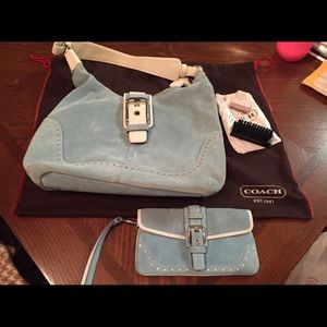COACH - Blue suede purse and matching wristlet